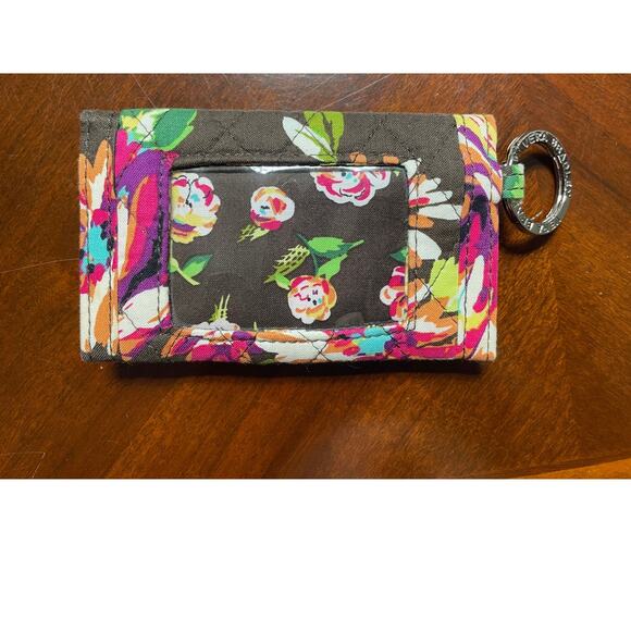 Vera Bradley Quick Swipe ID Coin Purse English Rose Floral Silver Key Loop Brown - Picture 2 of 7